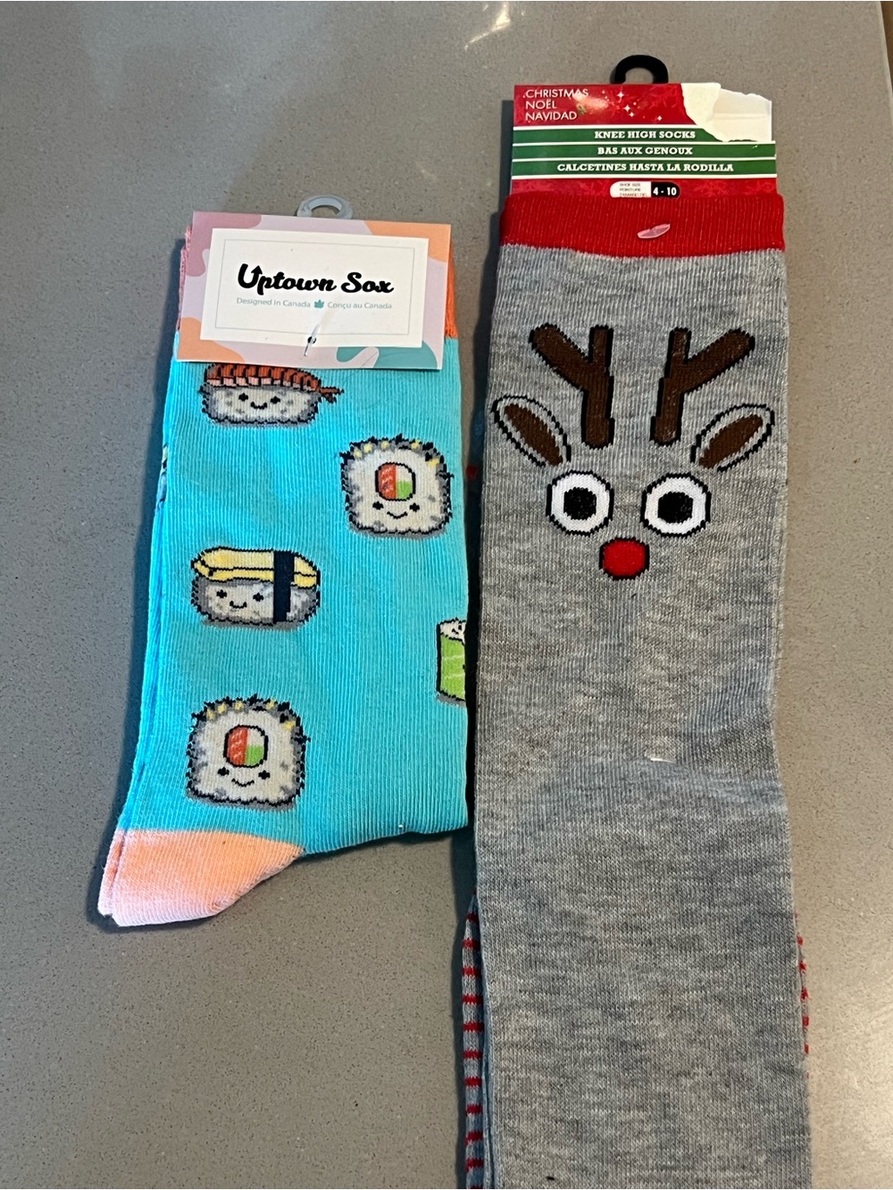 Blue Sushi & Gray Reindeer Socks